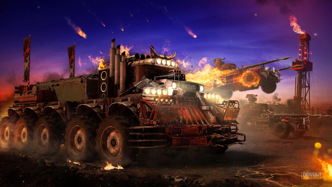Обои картинки фото видео игры, crossout, машины, техника, огонь, вышка