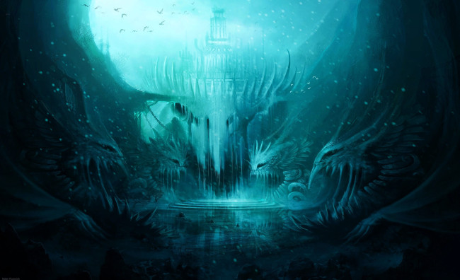 Обои картинки фото фэнтези, замки, дворец, птицы, скалы, статуи, ступени