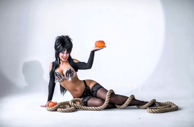 Обои картинки фото девушки, анна шаховская, образ, косплей, эльвира, наряд, белье, тыквы, канат, чулки
