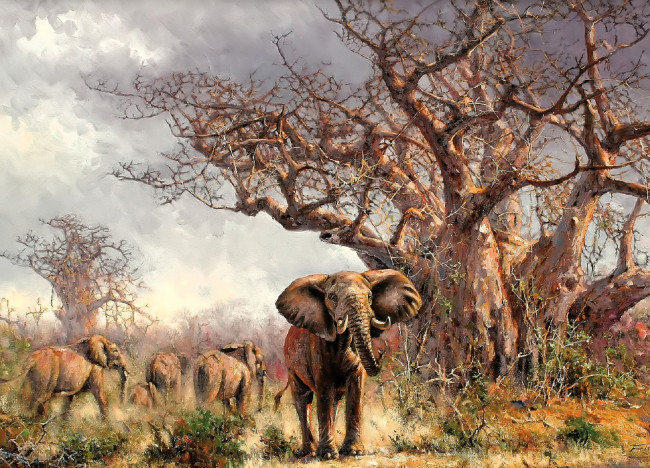 Обои картинки фото рисованное, eric forlee, слоны, стадо, саванна, деревья