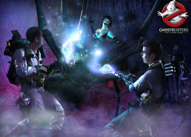 Обои картинки фото видео игры, ghostbusters,  the video game, нечисть, паучиха, охотники, за, привидениями, лучи, дым