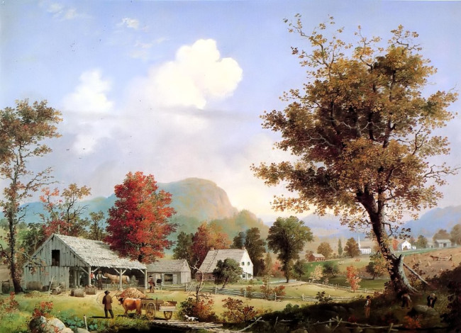 Обои картинки фото рисованное, george henry durrie, деревья, деревня, дом, люди, животные