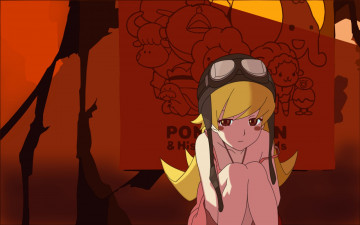Картинка аниме bakemonogatari oshino+shinobu девушка платье шлем надпись помещение
