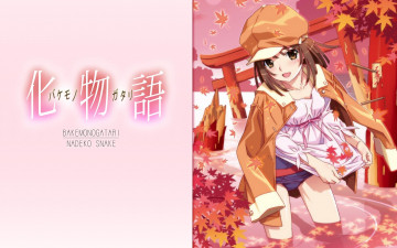 Картинка аниме bakemonogatari sengoku+nadeko шляпа пиджак девушка листья храм небо облака