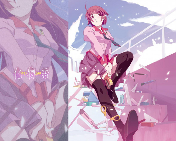 Обои картинки фото аниме, bakemonogatari, senjougahara hitagi, девушка, форма, инструменты, степлер, ножницы, карандаш, ручка, нож, небо, облака, лестница, надпись