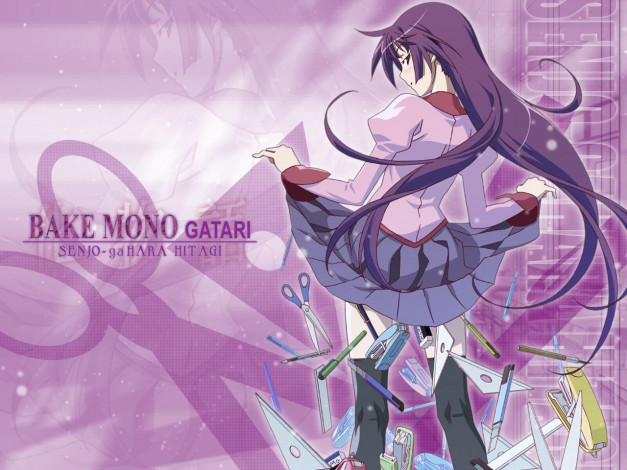 Обои картинки фото аниме, bakemonogatari, senjougahara hitagi, девушка, форма, инструменты, степлер, ножницы, карандаш, ручка