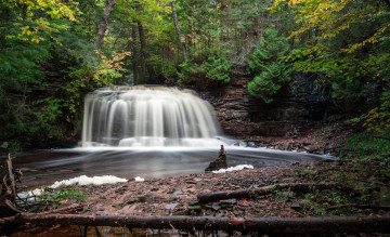 Картинка природа водопады лес бревно скалы обрыв река