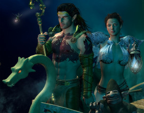 Картинка 3д+графика фантазия+ fantasy девушка парень тролль лодка