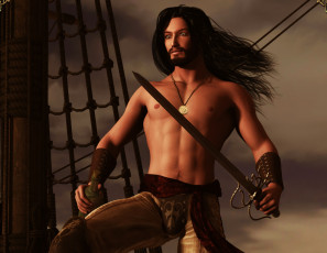 Картинка 3д+графика люди+ people брюнет торс корабль пират мужчина