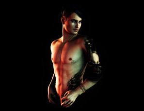 Картинка 3д+графика люди+ people улыбка взгляд красивый парень торс тату крылья брюнет фон чёрный обнажён