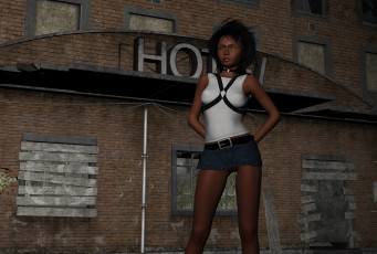 Картинка 3д+графика люди+ people дом улица фон взгляд девушка