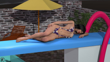 Картинка 3д+графика люди+ people девушка стенка лежит зонтик шезлонг трамплин фон взгляд