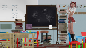 Картинка 3д+графика люди+ people столы кофточка юбка доска рыжая взгляд девушка стулья книги