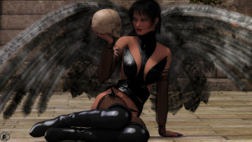 Картинка 3д+графика существа+ creatures взгляд сапоги фон демон девушка череп крылья