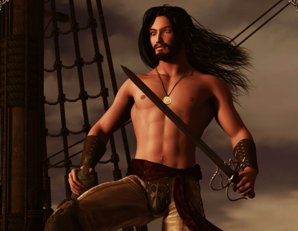 Обои картинки фото 3д графика, люди , people, брюнет, торс, корабль, пират, мужчина