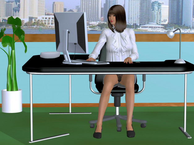 Обои картинки фото 3д графика, люди , people, фон, взгляд, девушка, дома, город, растение, ноутбук, стол