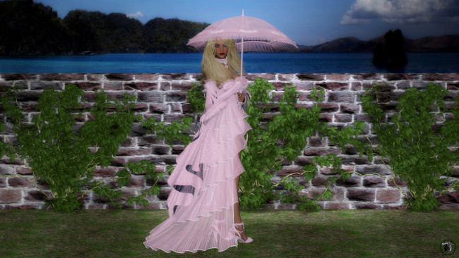 Обои картинки фото 3д графика, люди , people, растение, забор, зонтик, блондинка, платье, фон, взгляд, девушка