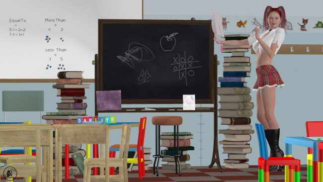 Обои картинки фото 3д графика, люди , people, столы, кофточка, юбка, доска, рыжая, взгляд, девушка, стулья, книги