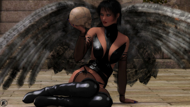 Обои картинки фото 3д графика, существа , creatures, взгляд, сапоги, фон, демон, девушка, череп, крылья