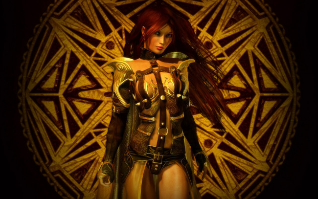 Обои картинки фото 3д графика, амазонки , amazon, фон, рыжая, взгляд, девушка