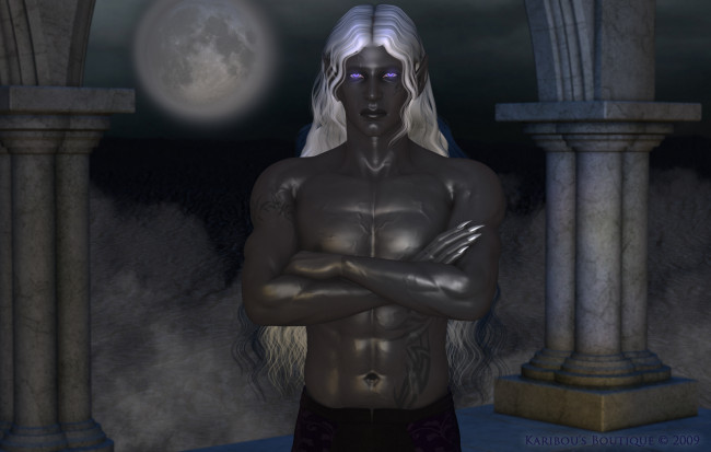 Обои картинки фото 3д графика, эльфы , elves, сереневоглазый, луна, парень, взгляд, ночь, чёрный, эльф