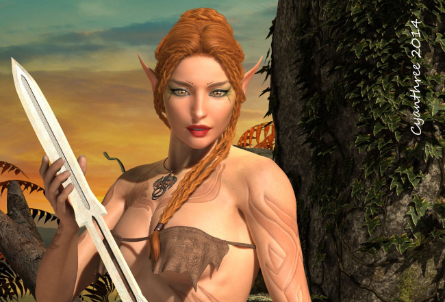 Обои картинки фото 3д графика, эльфы , elves, меч, фон, взгляд, эльфийка
