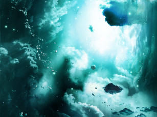 Картинка космос арт туманность облака астероиды планета