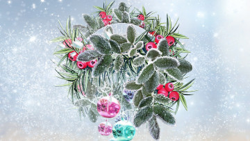 Картинка праздничные векторная+графика+ новый+год рождестко иней плоды шары коллаж новый год ягоды листья