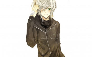 Картинка аниме unknown +другое пластырь блондин улыбка зеленые глаза белый фон текст кольцо парень цепочка подвеска