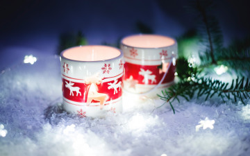 Картинка праздничные -+разное+ новый+год новогодняя композиция праздник свечи кружки хвоя снежинки рождество снег фон олени новый год