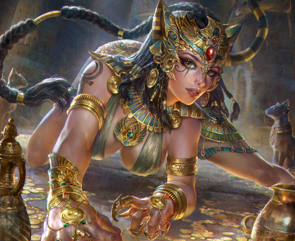 Обои картинки фото фэнтези, девушки, украшения, арт, поза, когти, хвост, бастет, богиня, взгляд, эротика, египет