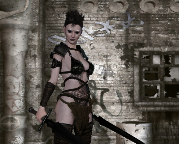 Обои картинки фото 3д графика, люди , people, девушка, взгляд, фон, оружие