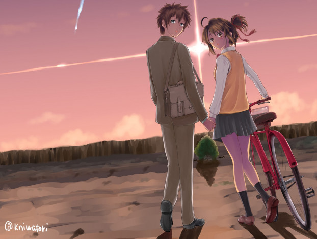 Обои картинки фото аниме, kimi no na wa, девушка, взгляд, парень, фон