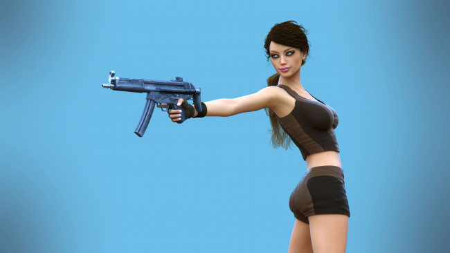 Обои картинки фото 3д графика, амазонки , amazon, взгляд, фон, девушка, автомат