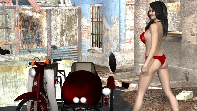 Обои картинки фото 3д графика, люди-авто, мото , people- car ,  moto, мотоцикл, фон, девушка, взгляд