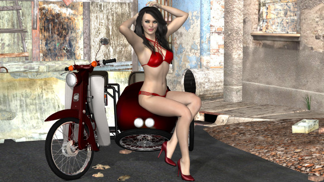 Обои картинки фото 3д графика, люди-авто, мото , people- car ,  moto, мотоцикл, фон, взгляд, девушка