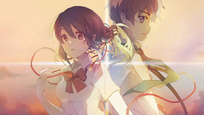 Обои картинки фото аниме, kimi no na wa, взгляд, фон, парень, девушка