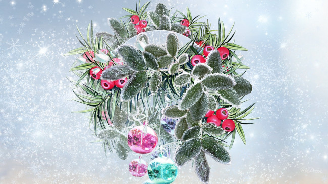 Обои картинки фото праздничные, векторная графика , новый год, рождестко, иней, плоды, шары, коллаж, новый, год, ягоды, листья