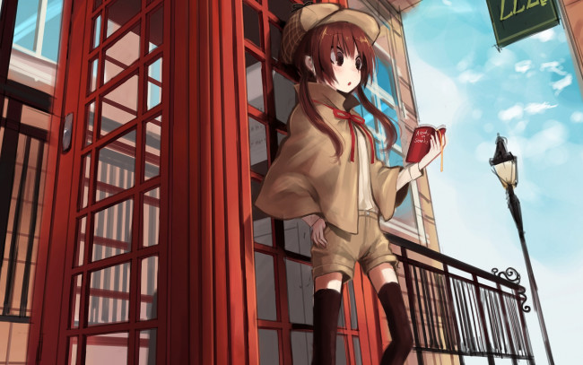 Обои картинки фото аниме, город,  улицы,  здания, фон, девушка, взгляд