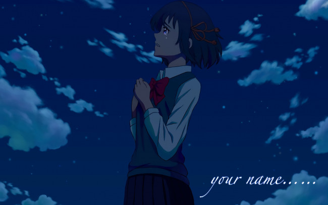 Обои картинки фото аниме, kimi no na wa, фон, взгляд, девушка