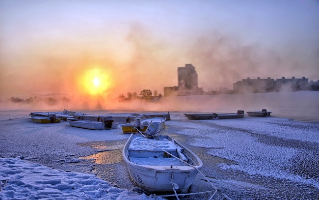 Обои картинки фото корабли, лодки,  шлюпки, снег, зима