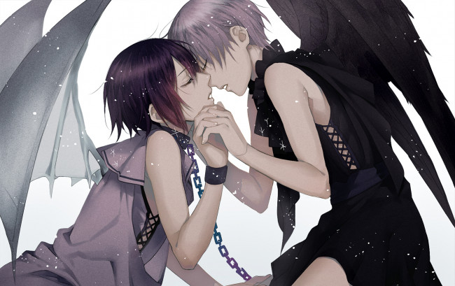 Обои картинки фото аниме, ангелы,  демоны, цепи, крылья