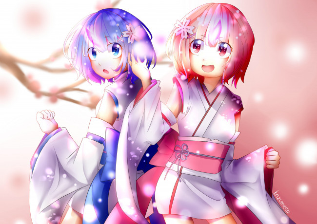 Обои картинки фото аниме, re,  zero kara hajimeru isekai seikatsu, девушки, взгляд, фон