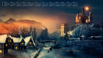 Картинка календари компьютерный+дизайн 2018 замок зима дом люди мост