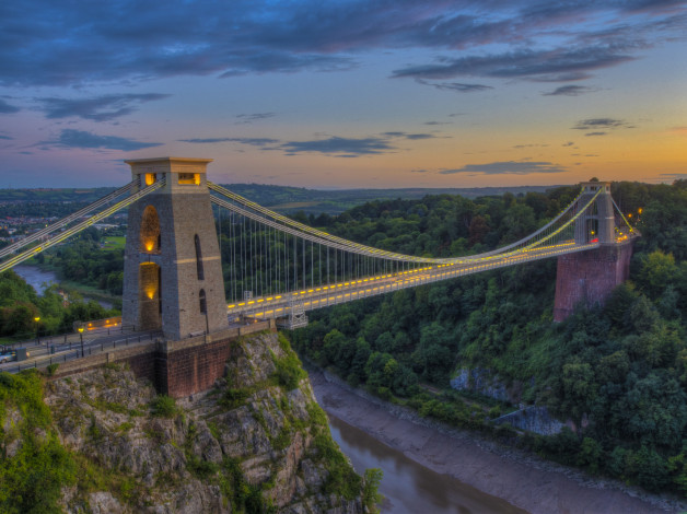 Обои картинки фото clifton suspension bridge bristol, города, - мосты, огни, ночь, мост, река