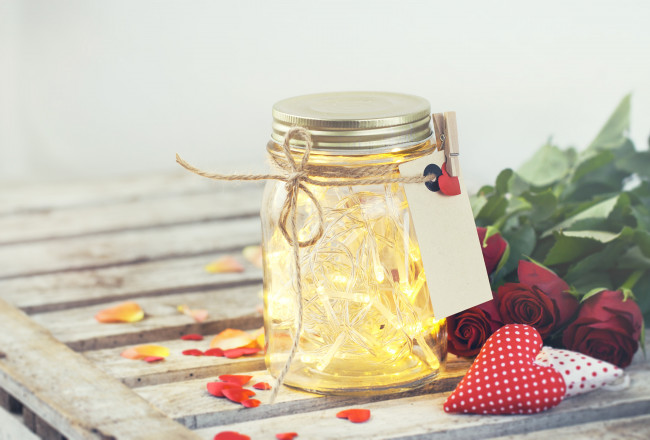 Обои картинки фото праздничные, день святого валентина,  сердечки,  любовь, банка, сердечки, розы