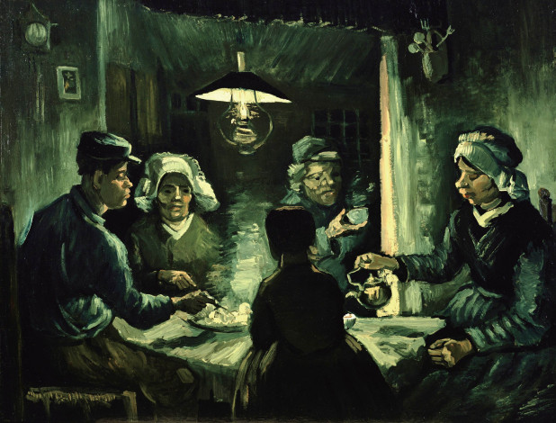 Обои картинки фото the potato eaters,  vincent van gogh, рисованное, vincent van gogh, холст, масло, живопись, винсент, ван, гог, мужчины, женщины, сидя, художественное, произведение, классическое, искусство, стол, vincent, van, gogh, те, кто, ест, картофель