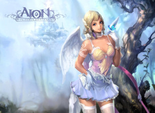 обоя видео игры, aion,  the tower of eternity, девушка, ангел, крылья, перчатки, платье, бабочка, дерево