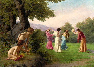 обоя рисованное, vittorio reggianini, купидоны, деревья, девушки, поляна