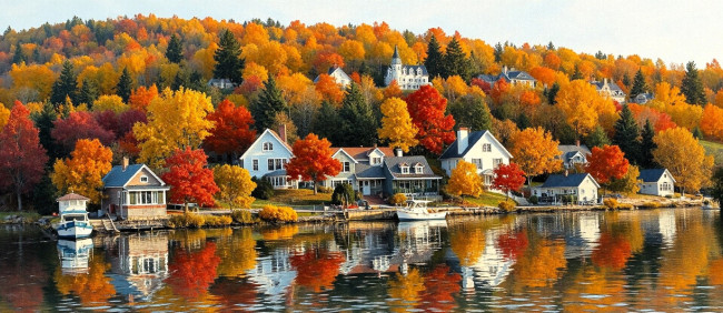 Обои картинки фото рисованное, города, горы, лес, деревья, осень, дома, поселок, озеро, лодки